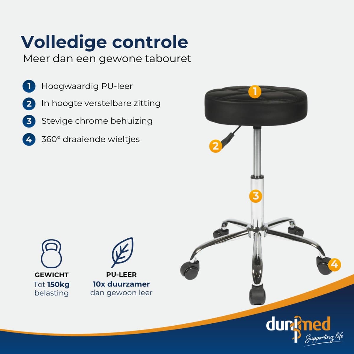 Dunimed Luxe Tabouret - Werkkruk met Wielen - Ergonomische Kruk - Kapperskruk - In Hoogte Verstelbaar - Zwart thumbnail 5