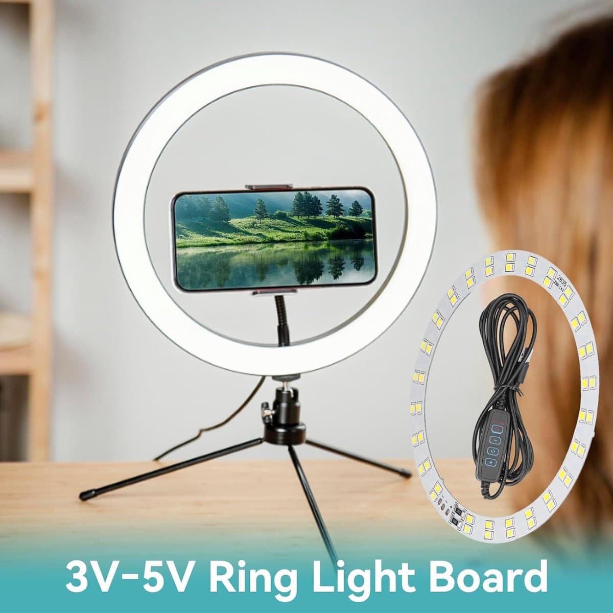Set van 2 LED make-up lampen met 2 kleuren lichtringen, USB-aangedreven - 10W, Make-up verlichting voor make-up spiegel - 3V-5V - Koud en warm licht - Lichtplaat met verlichting. thumbnail 4