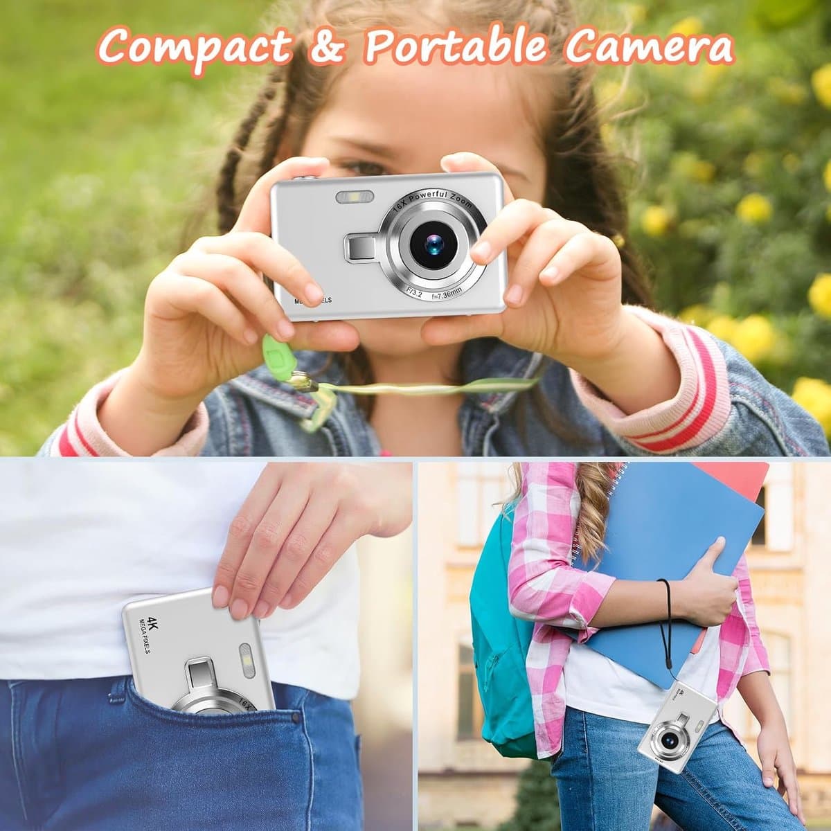 Camera - Digitale camera 1080p Full HD 44MP met 2,4 inch LCD-scherm - 16x digitale zoom - Compacte draagbare vlogcamera - Met 32 ​​GB SD-kaart - Voor kinderen - Tieners - Studenten en beginners (zilver) thumbnail 2