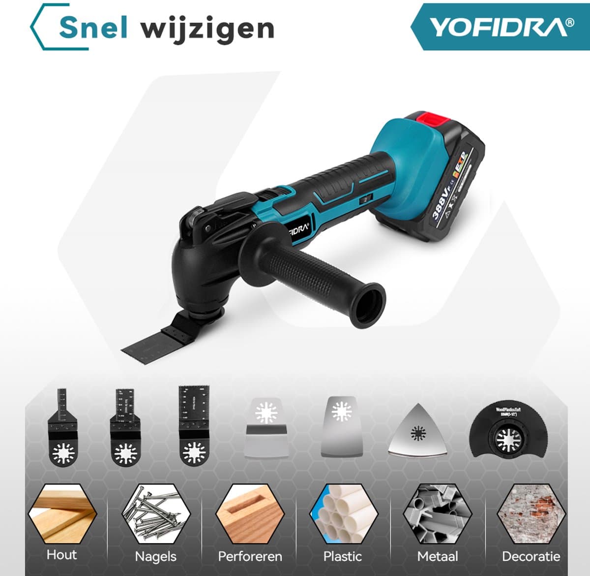 Yofidra Oscillerende Multitool - met 2x 3.0Ah Accu’s & 42x accessoires - Professional Accu Multitool - 4° oscillatiehoek - voor snijden, slijpen, polijsten thumbnail 7