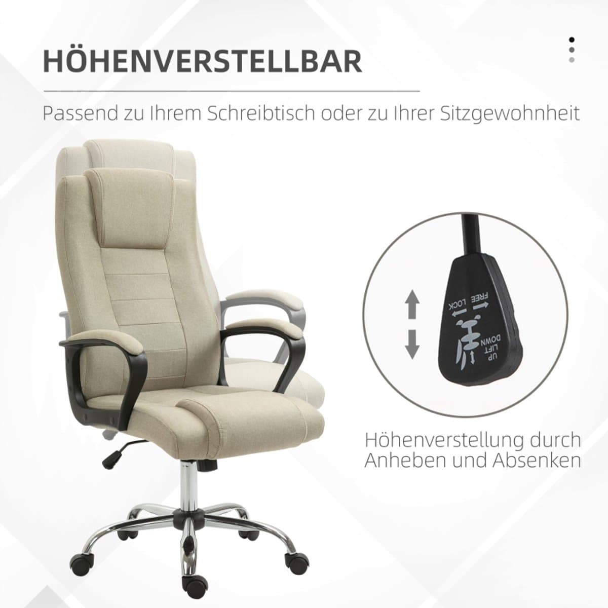 HAUSS SPOLE Bureaustoel 62 X 76 X 110 119 Cm - In Hoogte Verstelbaar Met Wipfunctie - 360 Graden Wielen - Voor Thuiswerk En Kantoor - Polyester Beige thumbnail 2