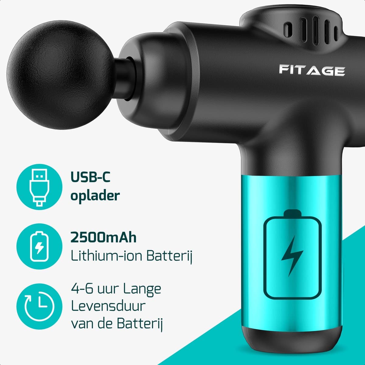 FITAGE Massage Gun Mini: 30 standen, 8 opzetstukken, draadloos thumbnail 2