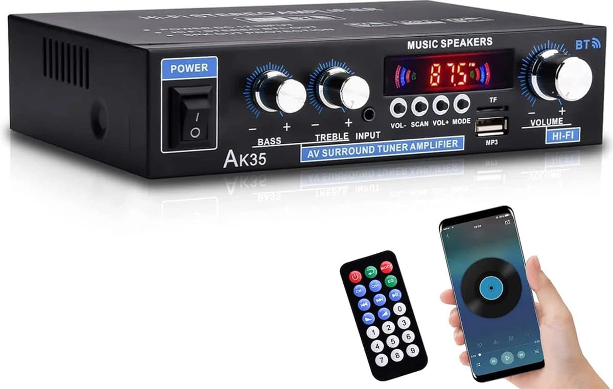 DrPhone PureSound Fosi - HiFi-stereo-audioversterker - Bluetooth Audio Power Versterker - 2-Kanaals Output – Met Afstandsbediening - Zwart