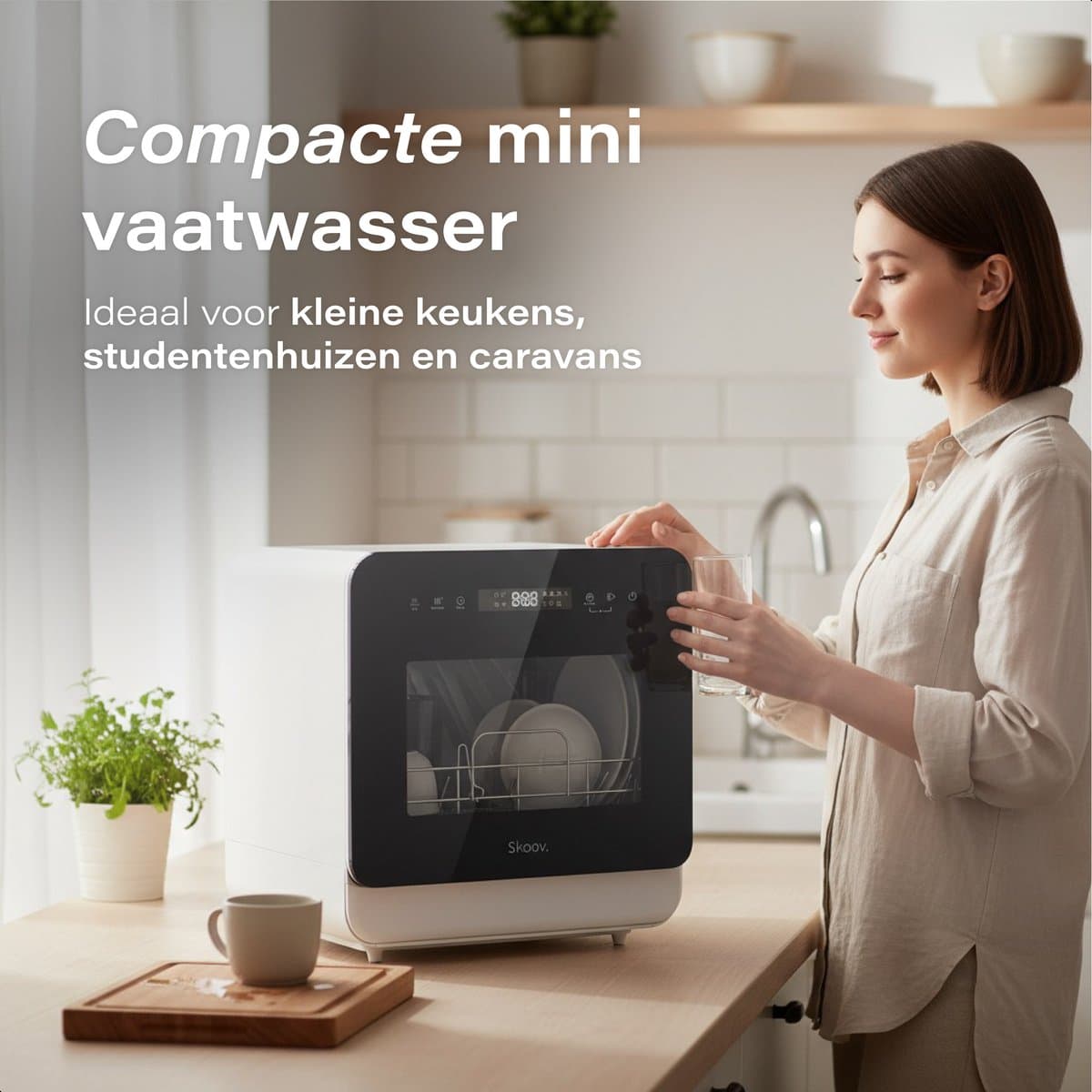 Skoov Mini Vaatwasser met waterreservoir - 3 couverts - 7 wasprogramma's - Kleine smalle vrijstaande afwasmachine - Camping - Wit thumbnail 6
