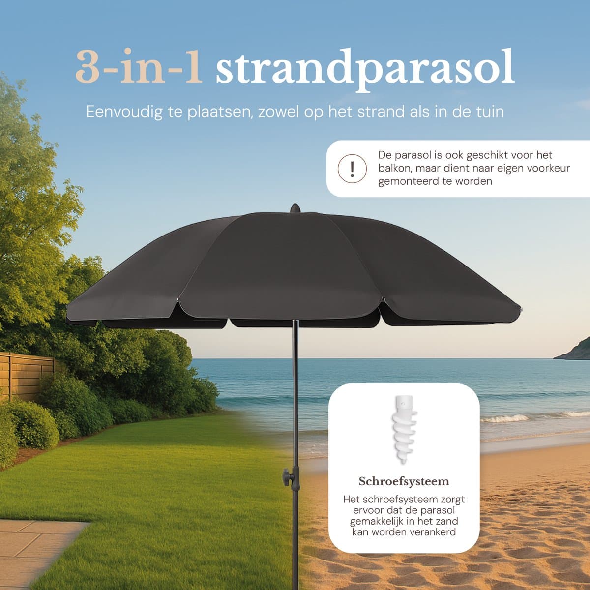 O’DADDY® Parasol Set – Kantelbaar & Verstelbaar – Waterdicht – UV-Bestendig – Met Grondboor & Draagtas – Strand, Tuin & Balkon – 180 cm – Donker Grijs thumbnail 4
