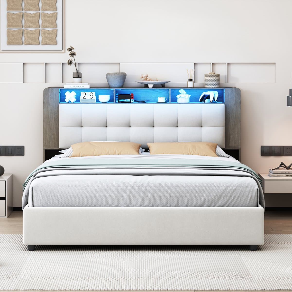 Opbergbed 160x200 cm – Beige fluwelen tweepersoonsbed – Gaslift opslag, hoofdbord-opbergruimte, LED-sfeerverlichting & draadloos opladen thumbnail 8