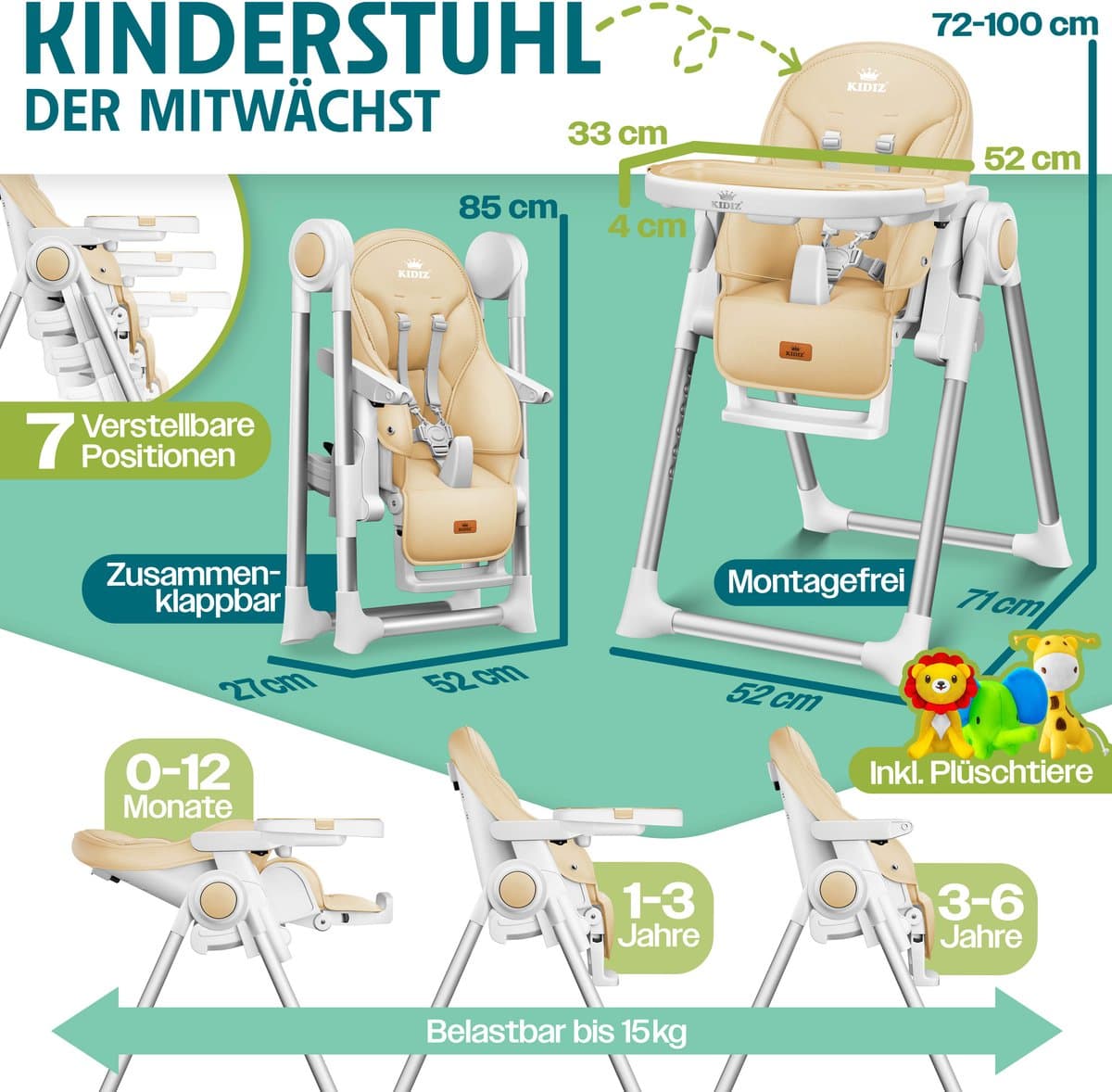 KIDIZ® 3in1 kinderstoel incl. speelbar, Eetstoel, Babystoel, combinatie kinderstoel, 7 in hoogte verstelbare rugleuning, meegroei van 0 maanden tot 6 jaar - Beige thumbnail 2