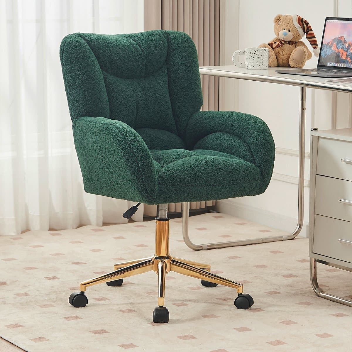 STILVORA Bureaustoel – Draaibare Kantoorstoel – Hoogteverstelbaar Met Gouden Poten – Ergonomische Comfortabele Zitting Voor Home-Office En Thuiswerk – Teddy Stof – Groen