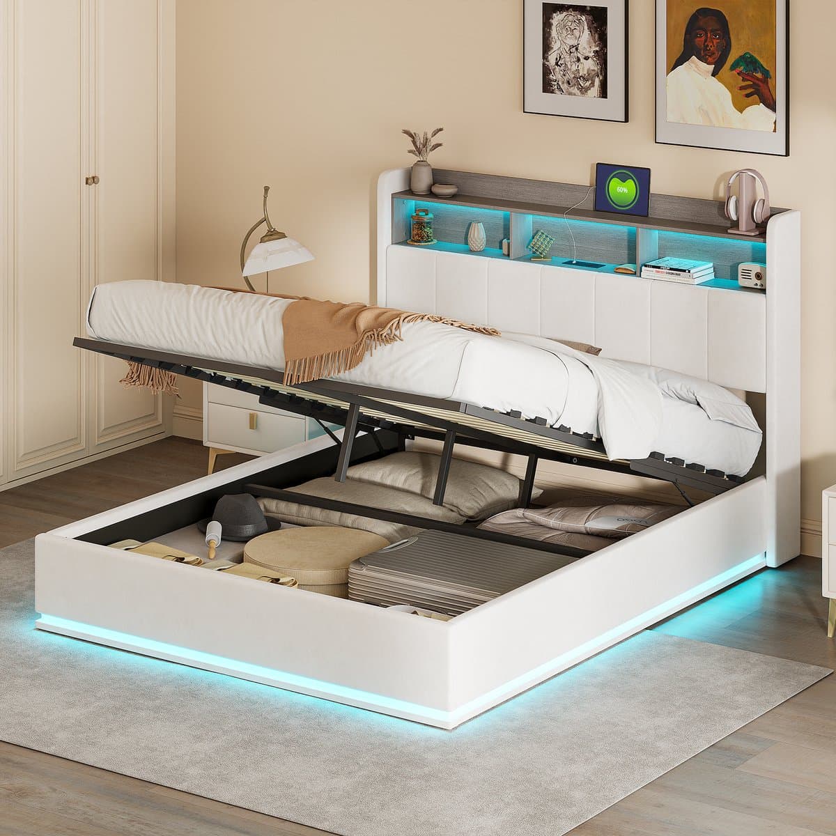 Hydraulisch Tweepersoons Opbergbed 160x200 cm Wit Fluweel met LED, USB en Bedhoofdopslag thumbnail 5