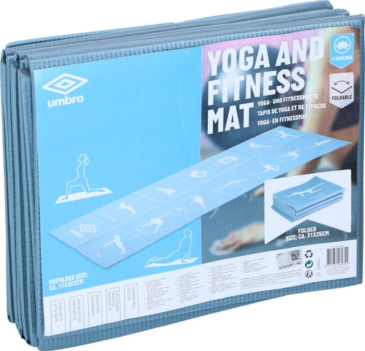 Umbro Opvouwbare Yogamat - 174 x 62 CM - Anti-Slip - 0.5 CM Dik - 13 Oefeningen in Print - Blauw thumbnail 2