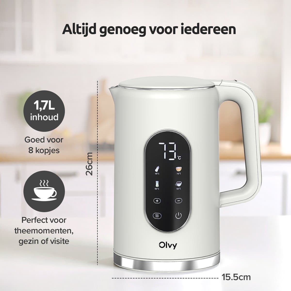 Olvy Waterkoker met Temperatuurregeling - Crème - Warmhoudfunctie - RVS - Dubbelwandig - Elektrisch - 1.7 Liter - 2200W thumbnail 5