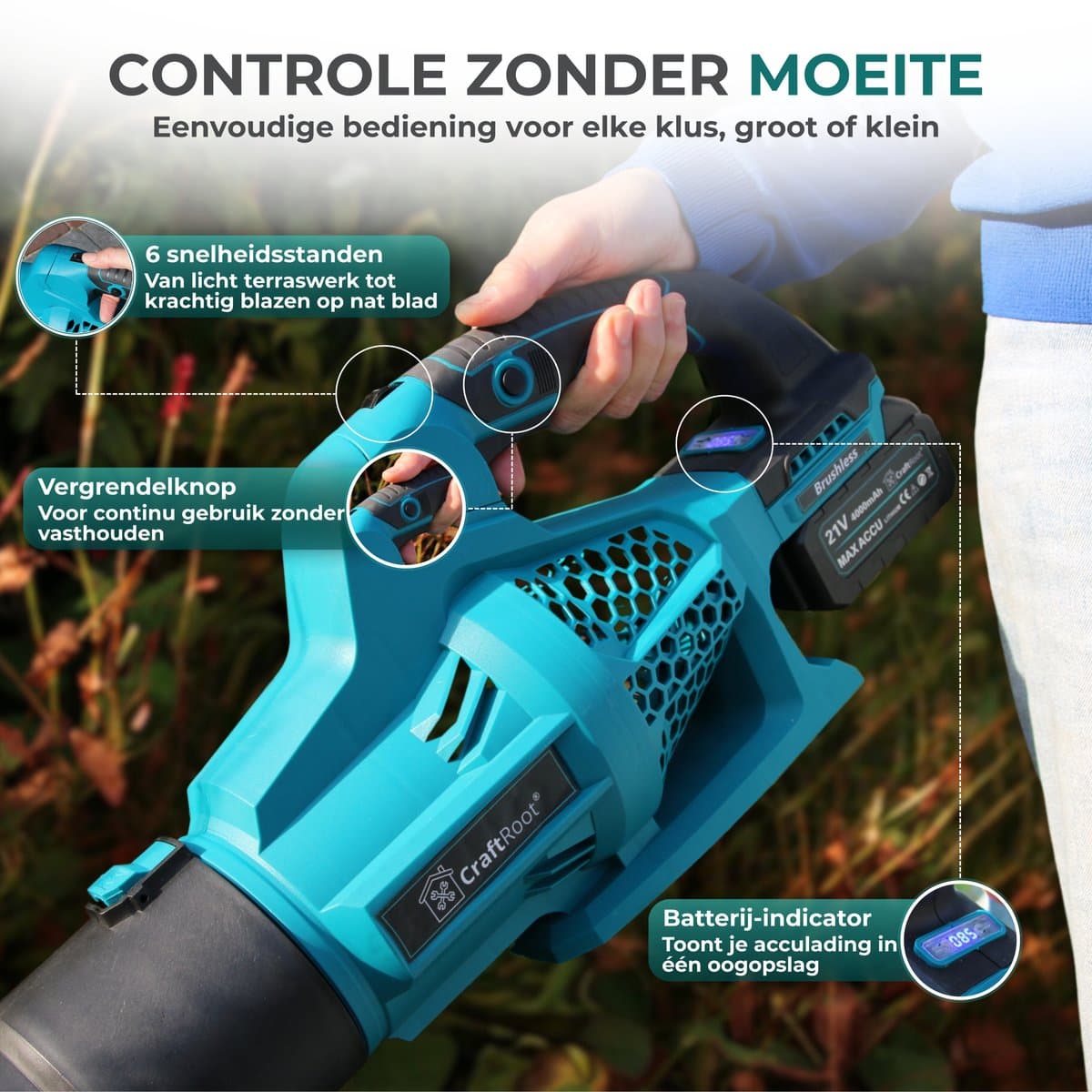 CraftRoot Accu Bladblazer – Draadloze Elektrische Bladblazer met 2x 4.0Ah Accu - Krachtig en Compact - 200km/h – 21.000 RPM thumbnail 6