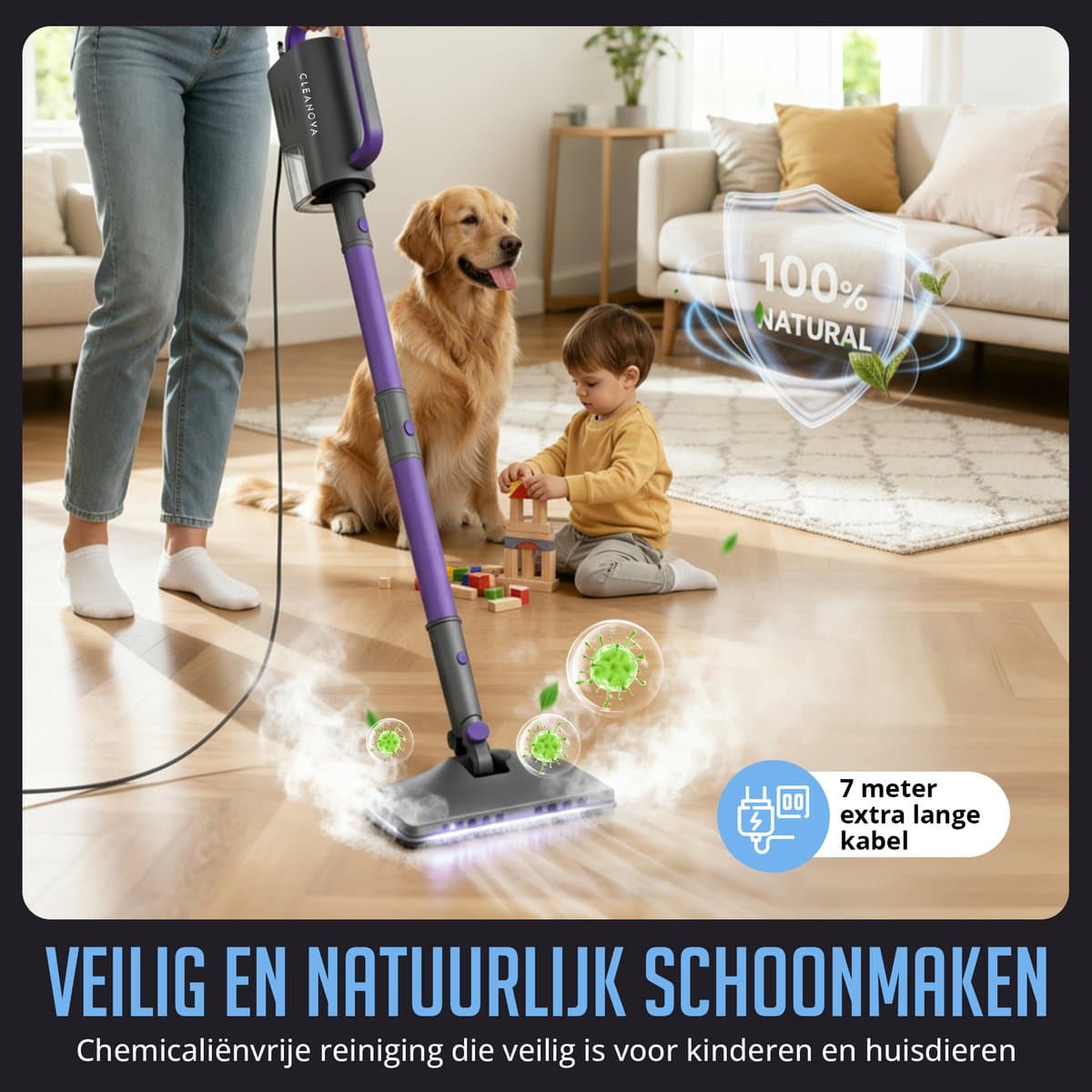 Cleanova 16-in-1 Stoomreiniger - Vlekkenreiniger - Handstomer voor diepte reiniging vloer, bank, badkamer en tapijt - Stoomdweil - Tapijtreiniger - extra lang 7 meter netsnoer - Steam Cleaner Zwart / Paars thumbnail 2