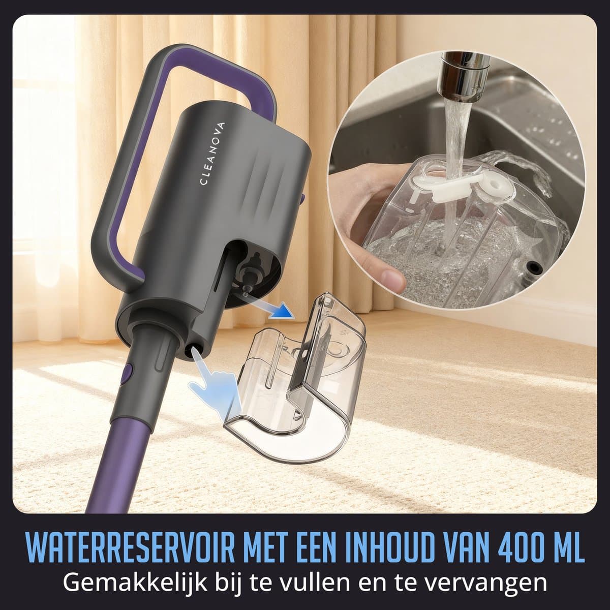 Cleanova 16-in-1 Stoomreiniger - Vlekkenreiniger - Handstomer voor diepte reiniging vloer, bank, badkamer en tapijt - Stoomdweil - Tapijtreiniger - extra lang 7 meter netsnoer - Steam Cleaner Zwart / Paars thumbnail 6