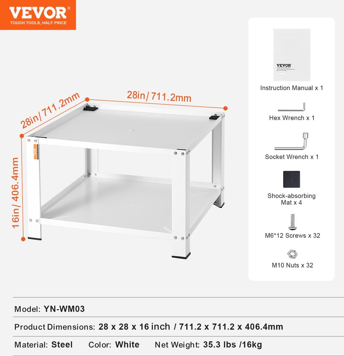 VEVOR Kledingdroger met Opbergvak, 28" x 28" x 16" Wasmachine Droger Standplatform, Universele Pasvorm, 500 lb Capaciteit, Multifunctionele Stalen Basis voor Wasmachine thumbnail 8