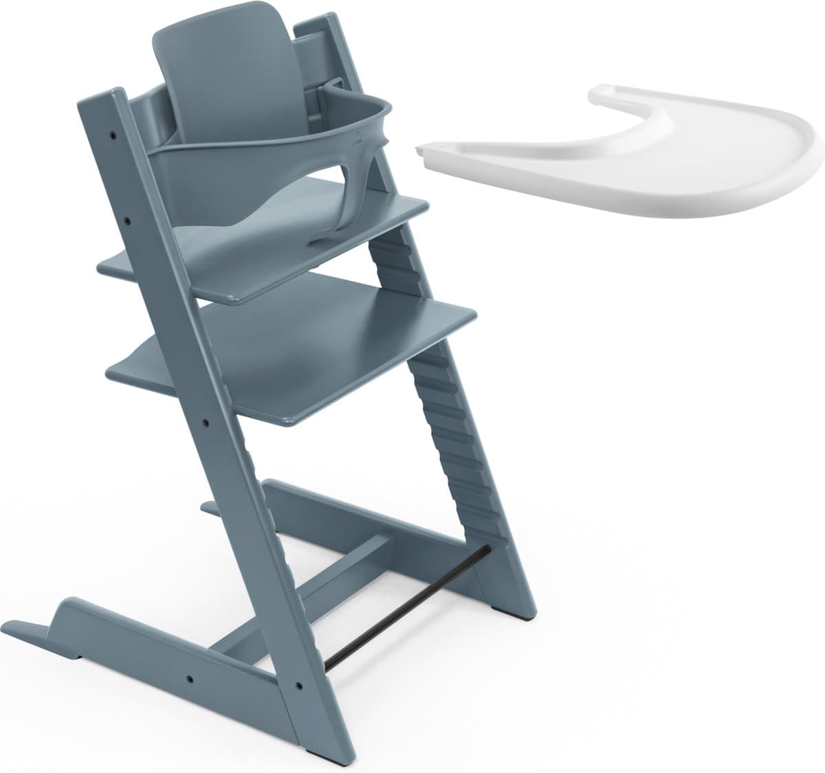 Stokke Tripp Trapp-kinderstoel (Fjordblauw), Stokke-dienblad (wit) - Incl. Tripp Trapp-stoel, babyset 2 voor kinderen van 6-36 maanden en Stokke-dienblad - Verstelbaar, ergonomisch en gemakkelijk schoon te maken - afbeelding 1