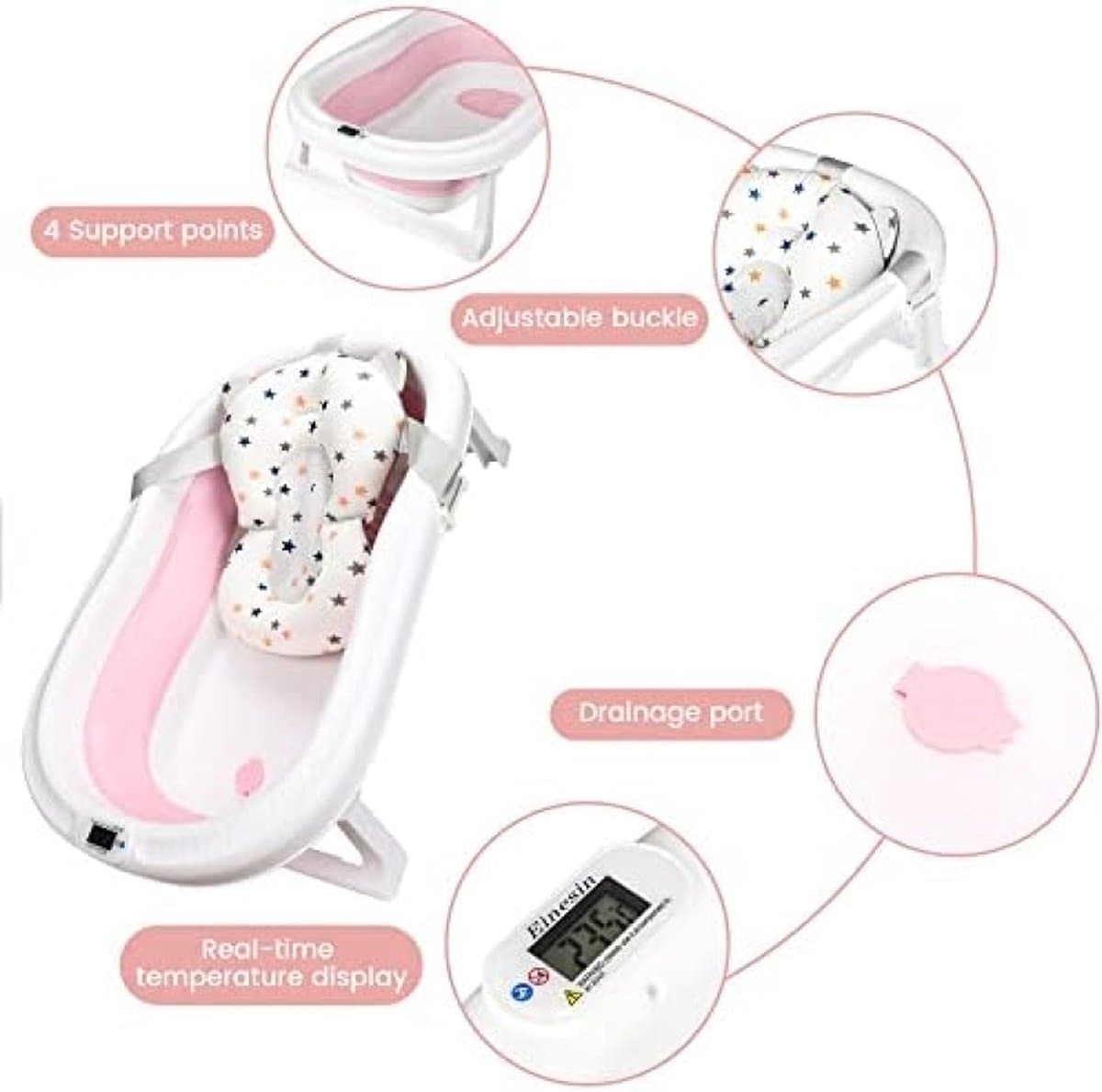 Grote Babybadkuip Met Temperatuursensor, Opvouwbare Babybadkuip Met Kussenpad, Antislip Steunpoot, Inklapbare Kuip Voor Peuter Baby Kinderen Badderen | Shampoo Beker thumbnail 5