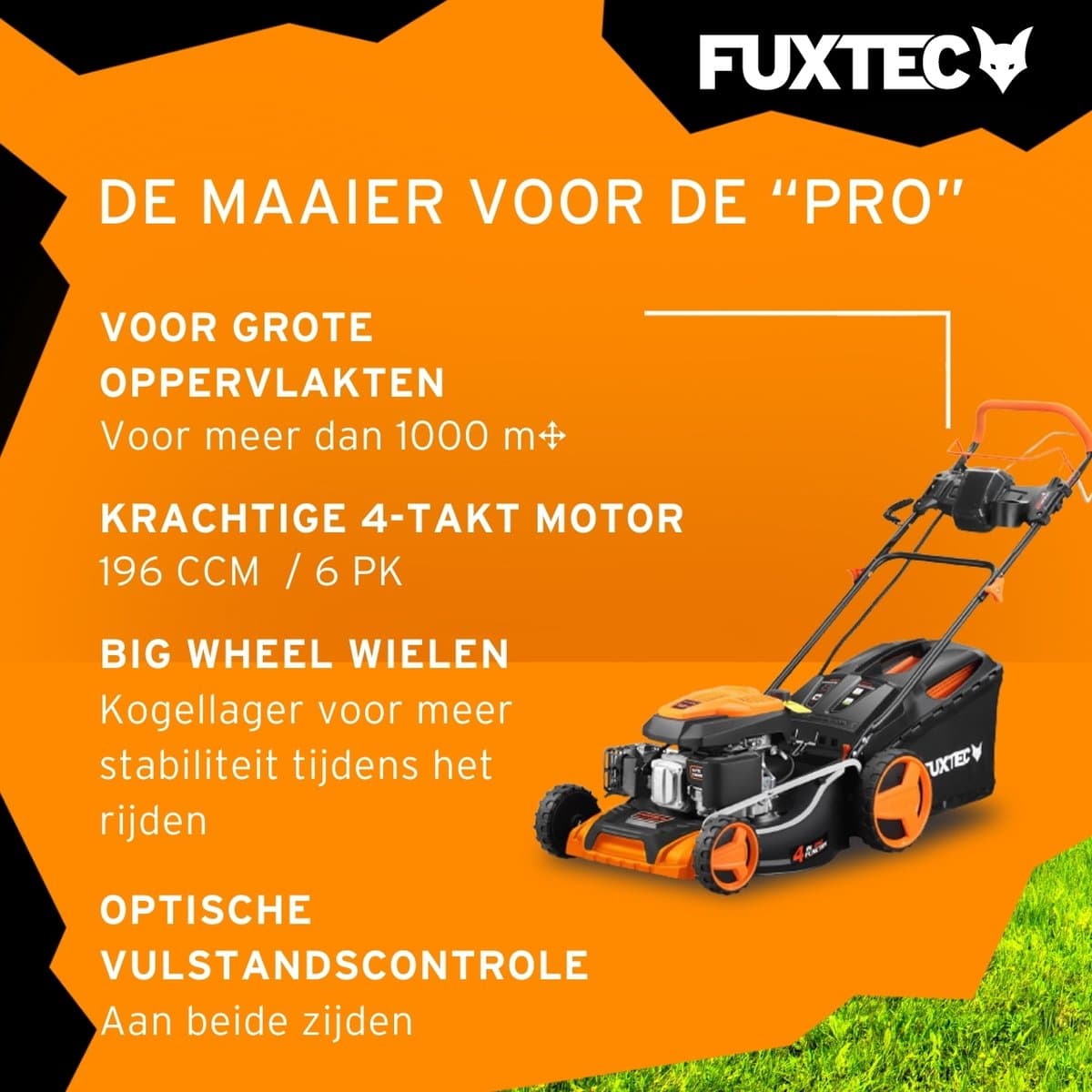 FUXTEC 4-in-1 Benzine Grasmaaier FX-RM5196eSPRO – Elektrische Start – 6 pk – 51 cm Maaibreedte – Flexibele Achterwielaandrijving – 4-Takt – Maaihoogte 25–75 mm – 60 L Grasopvangbak – Mulchfunctie thumbnail 5