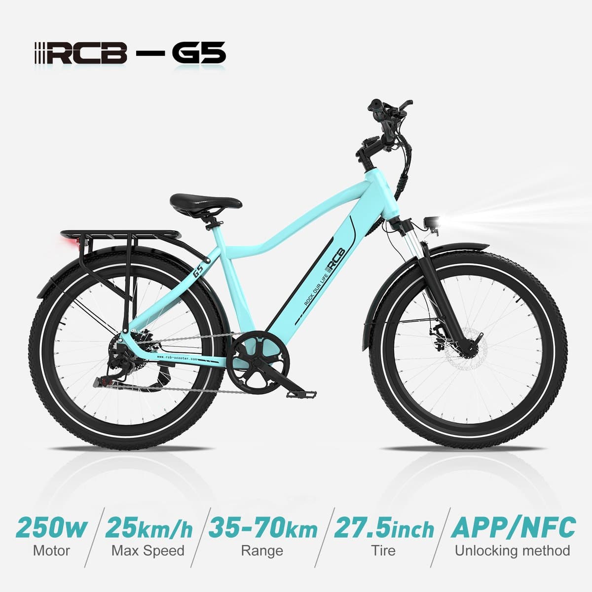 RCB G5 Elektrische Fiets - Lichtgewicht Aluminium Frame - 250W Motor - 36V 13Ah Verwijderbare Batterij - 7 Versnellingen - Met App, NFC & LCD Display - Comfortabel & Roestvrij - Voor Dames en Heren - Actieradius 80km thumbnail 5