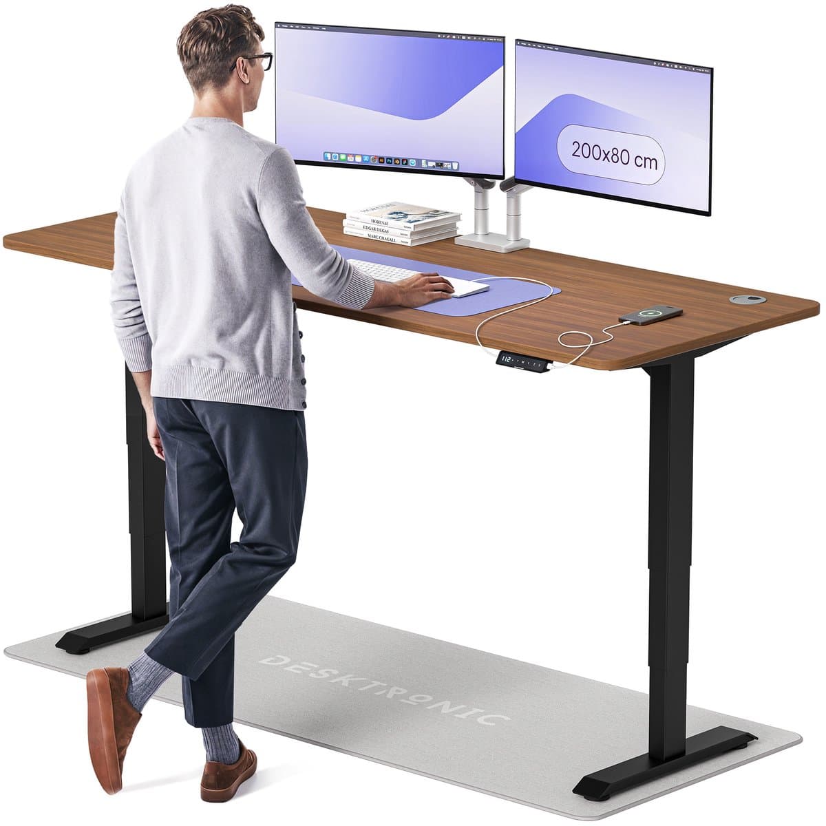 Desktronic HomePro Zit-sta Bureau Elektrisch In Hoogte Verstelbaar, 200x80cm Zwart/Notenhout, Stille Dubbele Motor, Hoogte 62-126cm