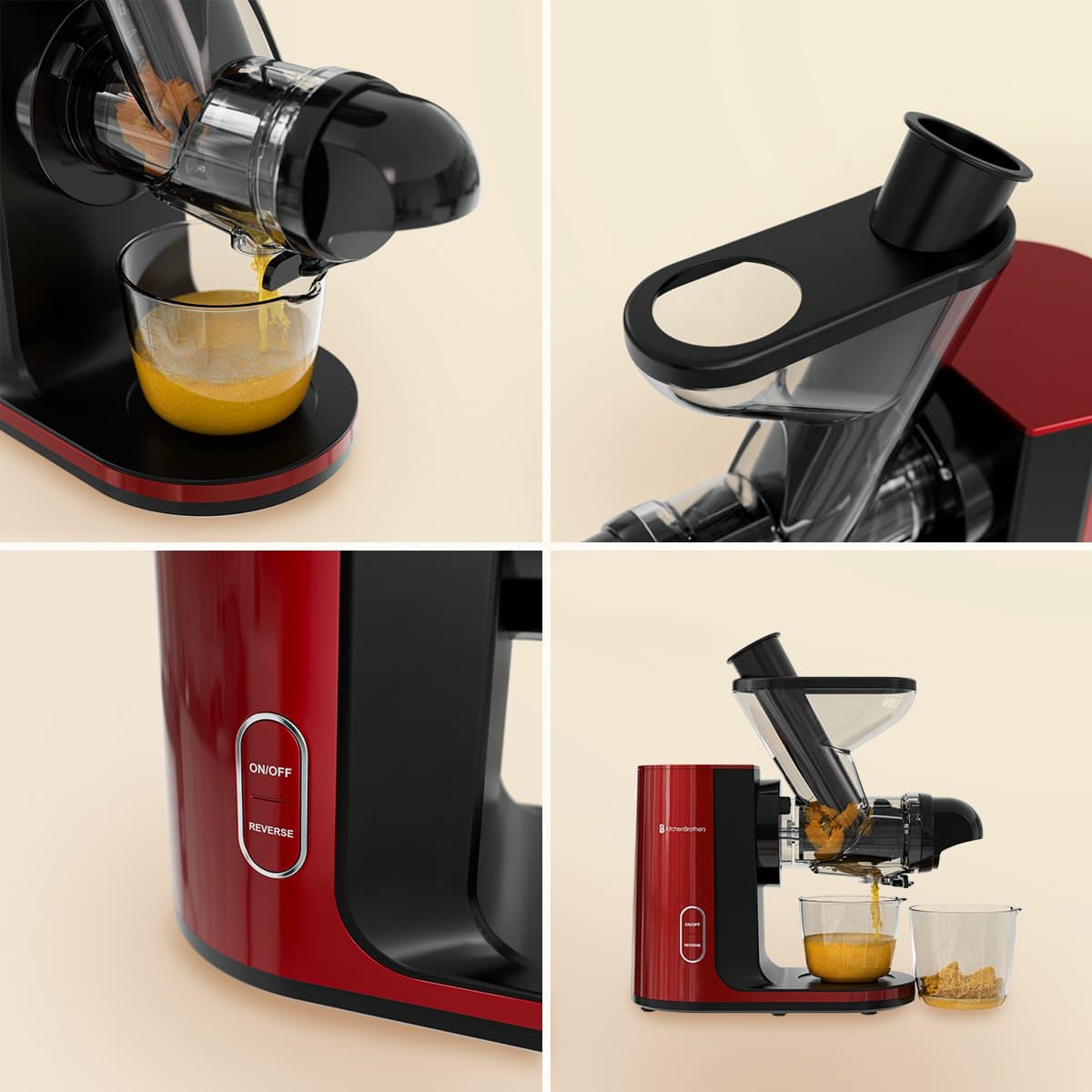 KitchenBrothers Slowjuicer - Sapcentrifuge - Juicer - Groenten en Fruitpers - 43 mm en 60 mm invoer - 400 ml - Rood thumbnail 7