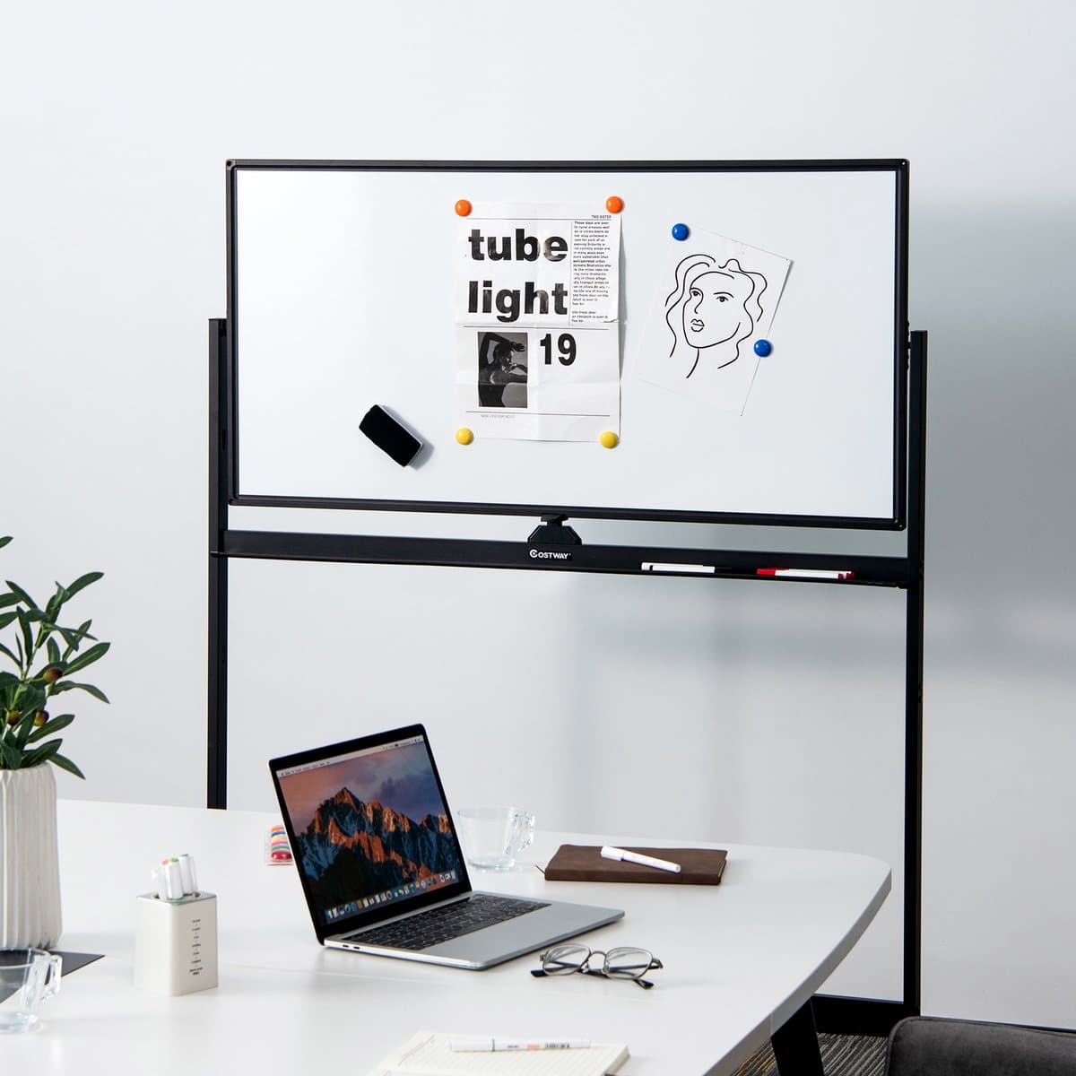 COSTWAY Mobiel whiteboard, 120 x 60 cm, dubbelzijdig magnetisch whiteboard met standaard en wielen, droog afwasbaar, verstelbaar whiteboard incl. accessoires voor thuis, kantoor en school, zwart thumbnail 5