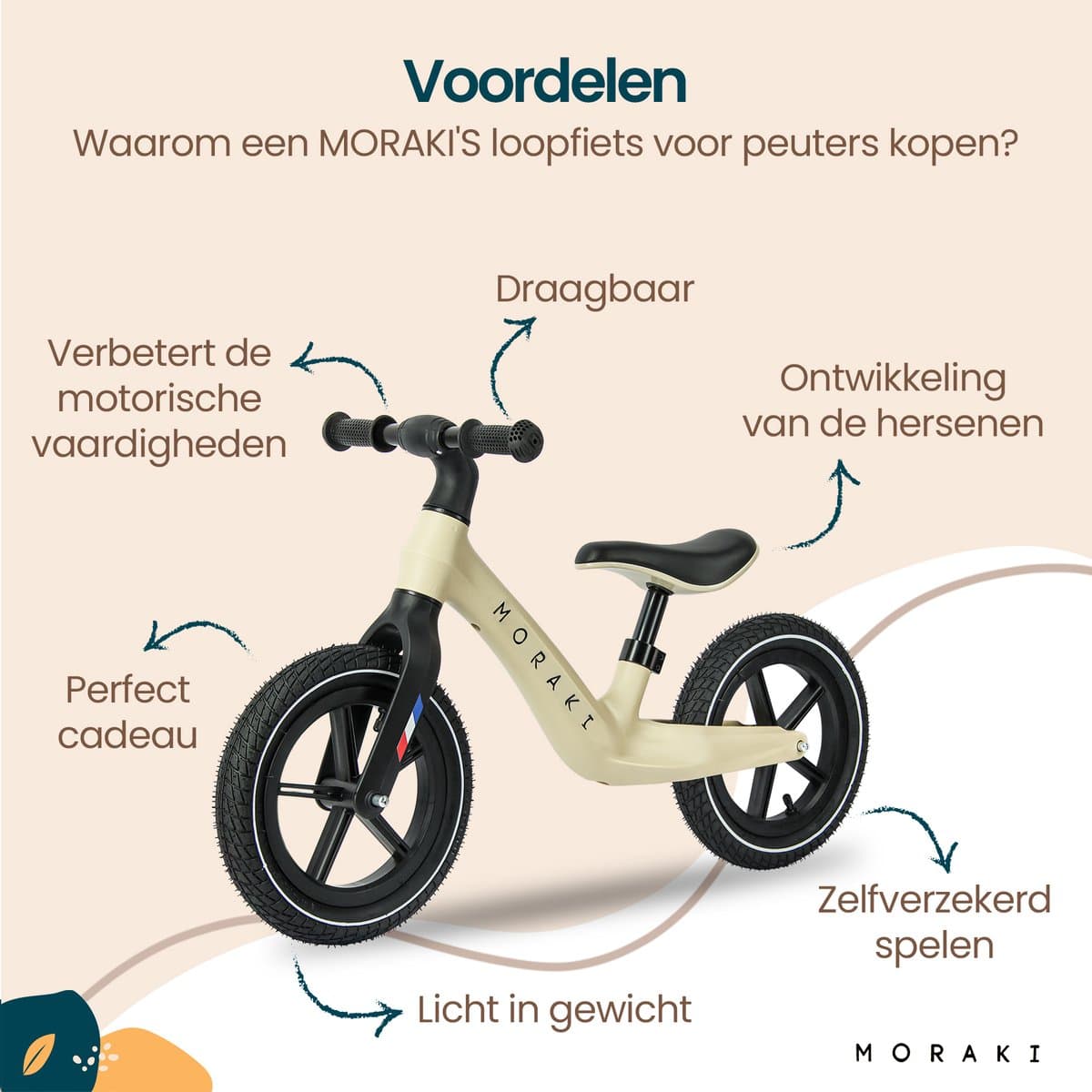 Moraki - Loopfiets - 2 Jaar - Verstelbaar Zadel - Balance Bike - 3 Jaar - Jongens en Meisjes - Beige thumbnail 8