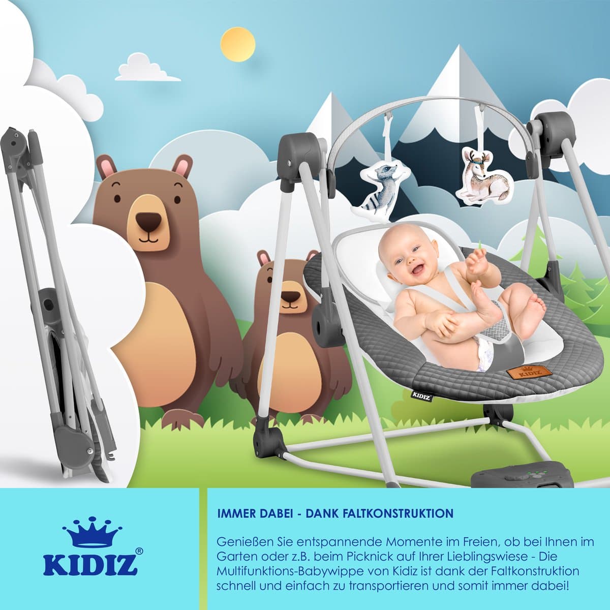 KIDIZ® Wipstoel Baby Elektrisch Babyschommel tot max 9kg - Schommelstoel voor Baby Swing met Speelboog en 5 schommelsnelheden - Antraciet thumbnail 5