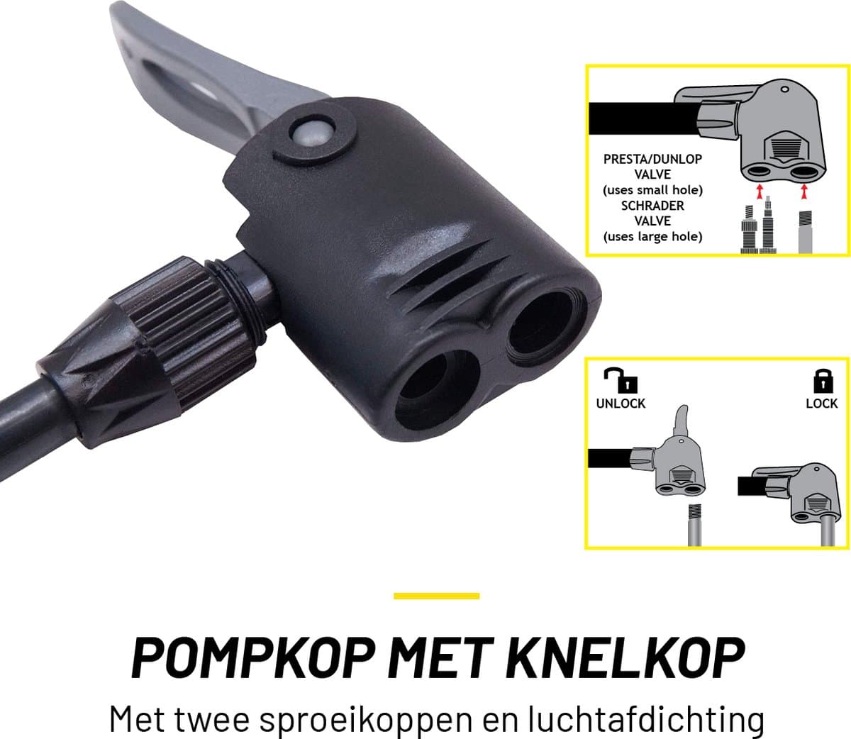 Dunlop Dubbele Voetpomp met Manometer - Luchtpomp voor Auto, Fiets, Motor en Bal - Fietspomp met Drukmeter - Pomp met Schrader Ventiel en Frans Ventiel Universeel thumbnail 2