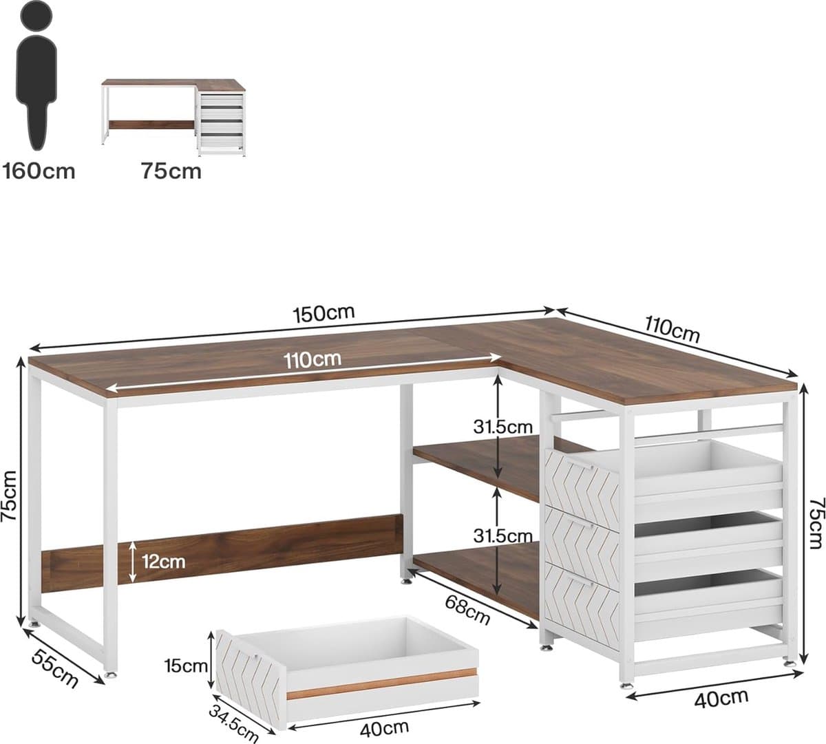 Tribesigns Bureau - L-Vormig Game Bureau met 4 Laden - 150 x 110 x 75cm - Bureau met Legplanken - Gaming Desk - Computer Tafel - Gaming Tafel - Bureau voor Gamen, Studeren en Werken - Wit / Okkernoot thumbnail 2