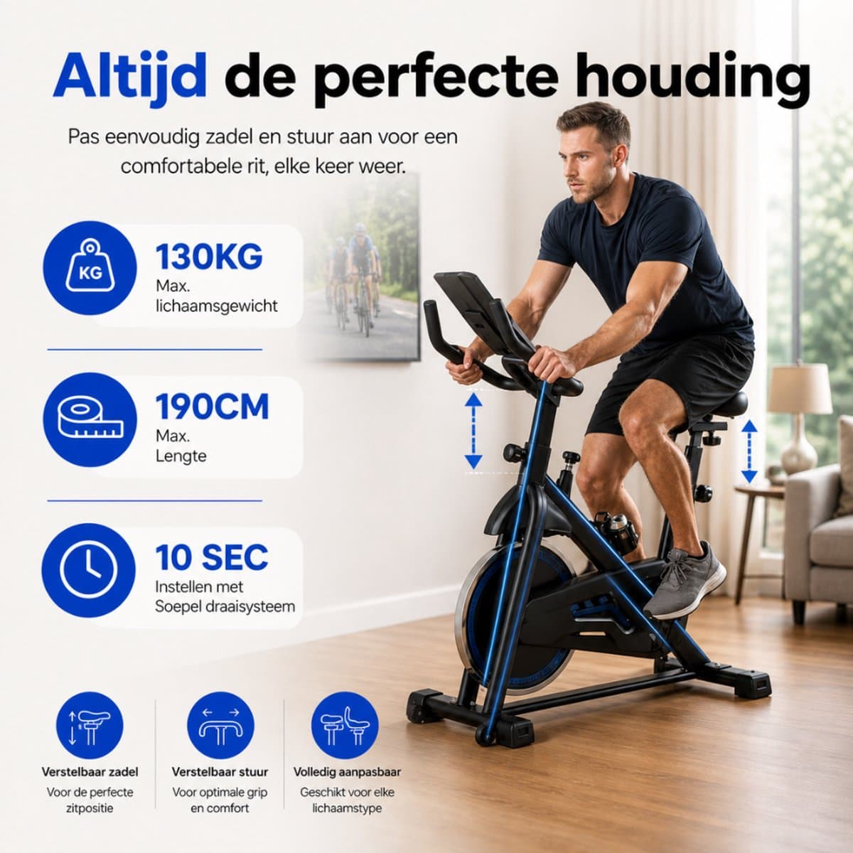 Sportfloww Hometrainer - Fitness Fiets - Spinningfiets - 8KG Vliegwiel -Hartslagmeter - Incl App thumbnail 5