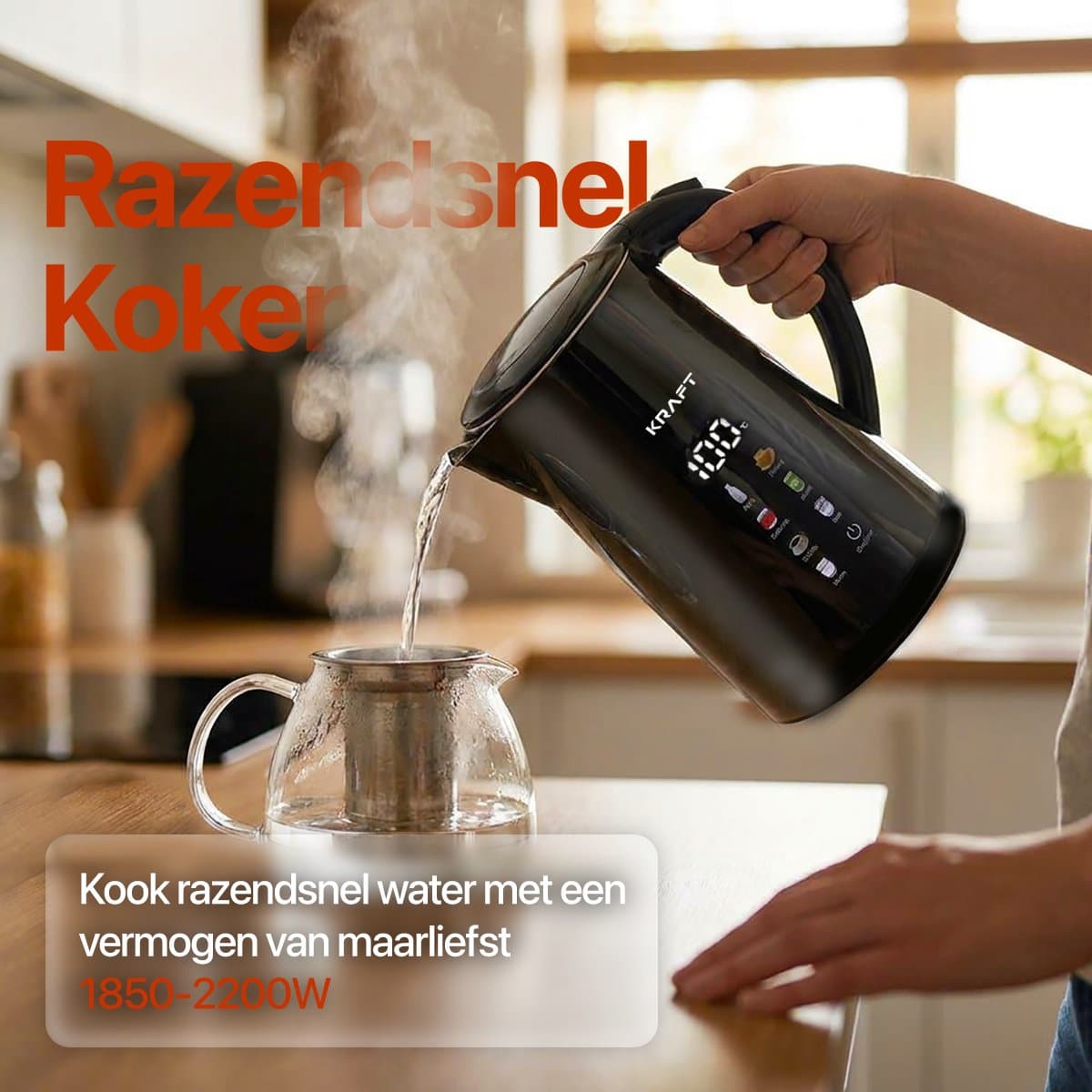 KRAFT Waterkoker met Temperatuurregeling - 1,7 Liter - LED Touch - Zwart - 2200W thumbnail 4