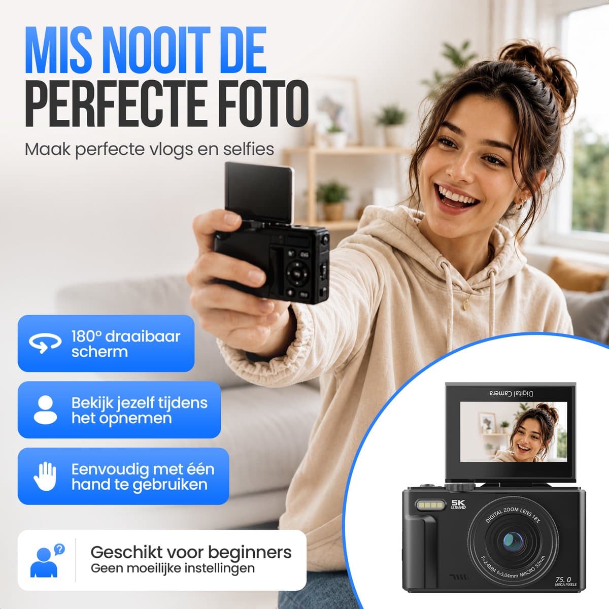 Strex Digitale Camera 5K 75MP - Fototoestel - Compactcamera met Wifi - Vlog Camera - Fotocamera voor Kinderen - 18x Zoom - Draaibaar Scherm - Zwart thumbnail 6
