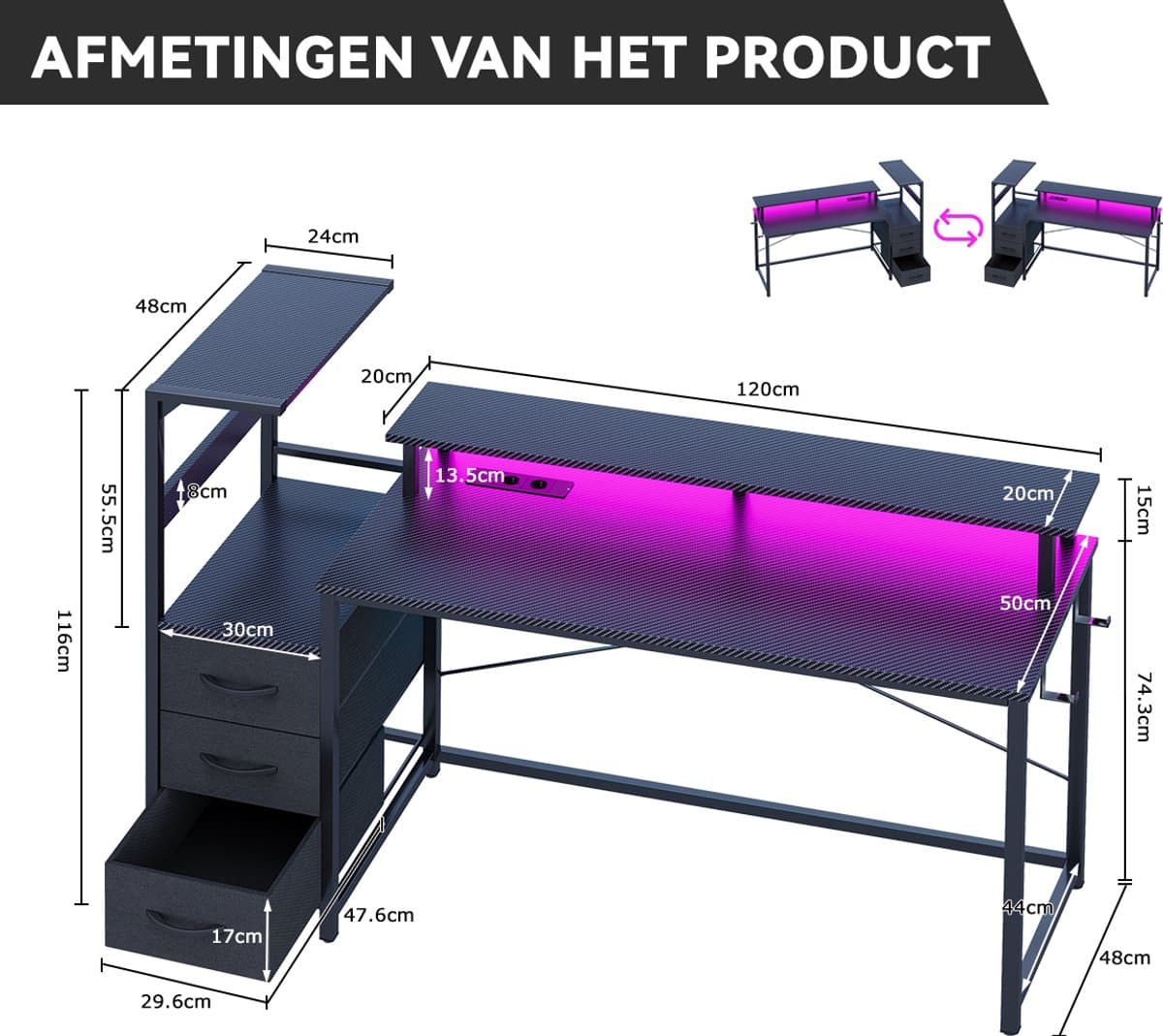 Gaming Bureau met LED Verlichting - 150L x 115H x50B cm - Hoekbureau met Stopcontact - 3 Non Woven Lade - Gaming Desk - Computer Tafel - Gaming Tafel - met Opbergplanken & IJzeren Haak - Zwart - Bureau voor Gamen, Studeren en Werken thumbnail 2