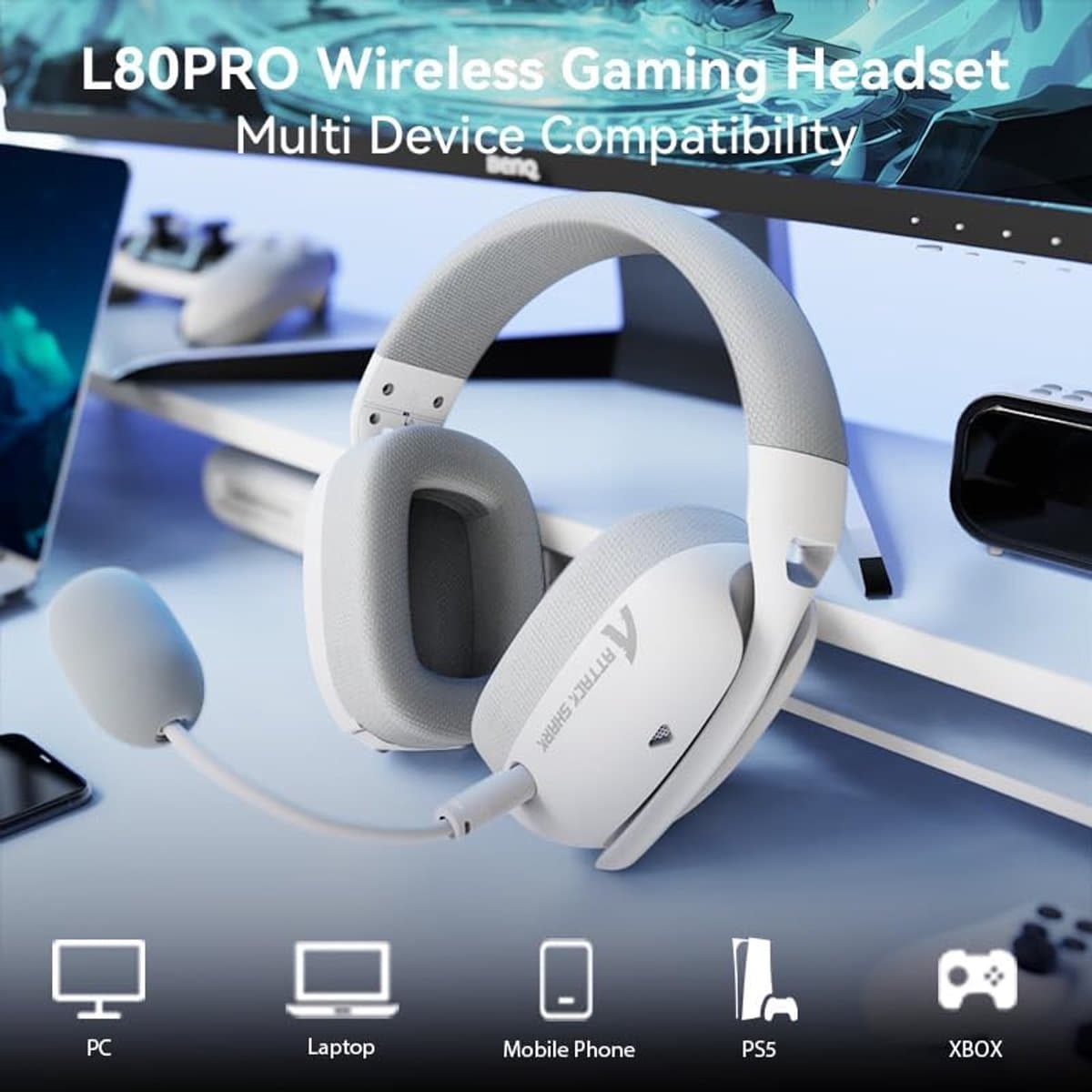 Attack Shark L80 PRO - Gaming Headset - Draadloos - 7.1 Surround Sound - Tri-Mode (2.4G/BT/3.5mm) - Dubbele Microfoon - 40mm Driver - Ultralicht 203g - PC/PS5/Xbox/Switch - Wit thumbnail 2