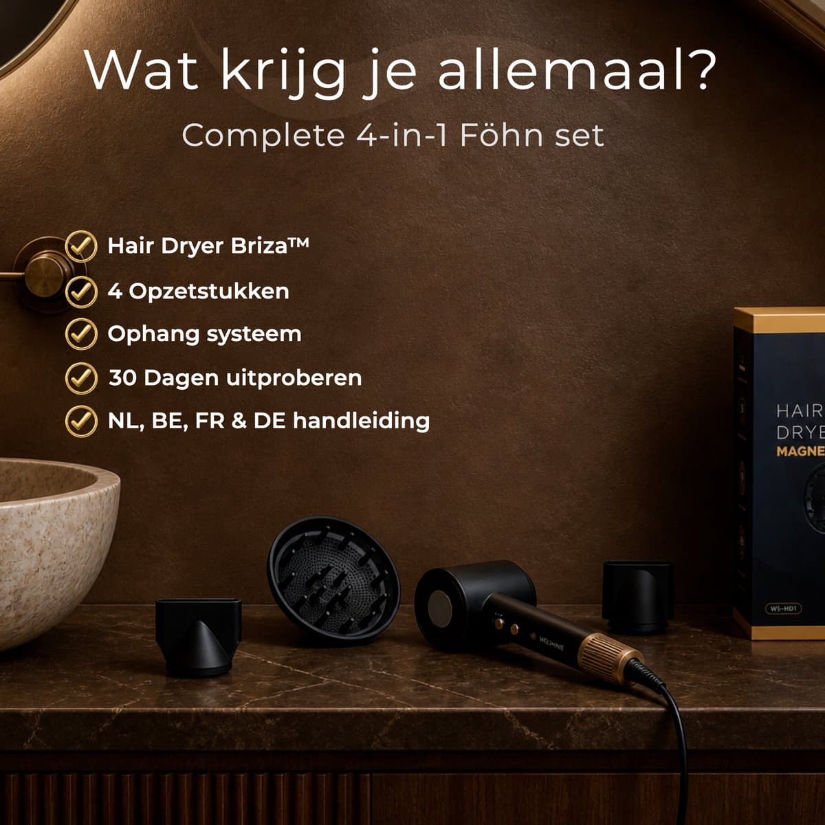 Wellshine Föhn met Diffuser - Ionische Haardroger voor Krullen & Stijl - Haarföhn - Reisföhn - Coolshot - 3 Standen - Föhn met Borstel - Incl. 4 Opzetstukken - Sèche Cheveux - Hairdryer - 1100W thumbnail 7
