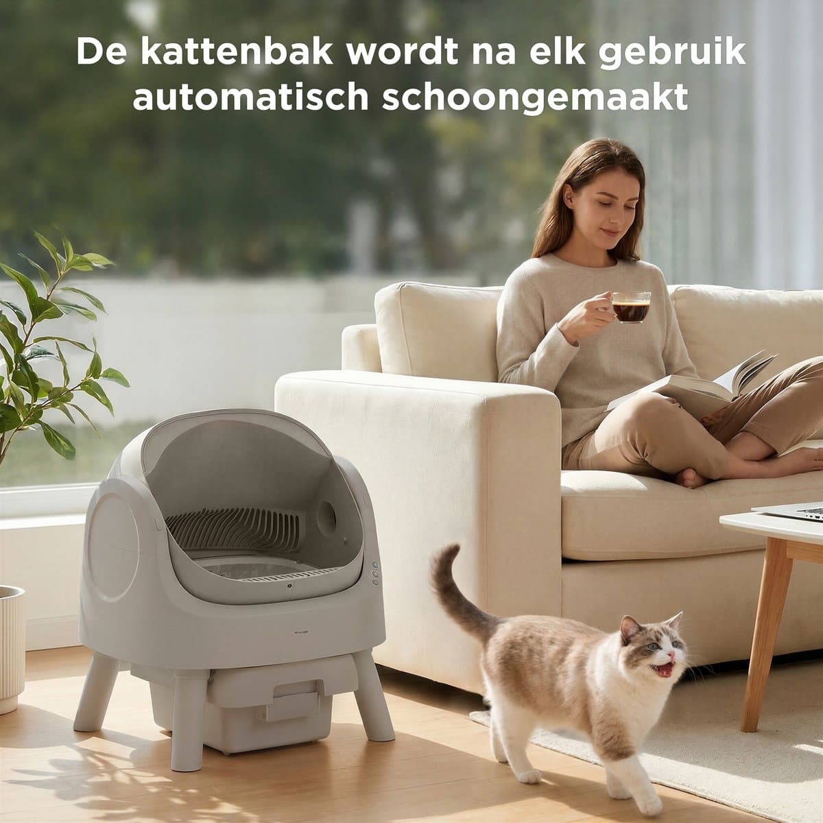 TrevoPet® Automatische Kattenbak - Zelfreinigend & Veilig - Voor Katten tot 12KG - Incl. Mat, 60 Afvalzakjes & Accessoires - 10L Afvalbak - Grijs thumbnail 2