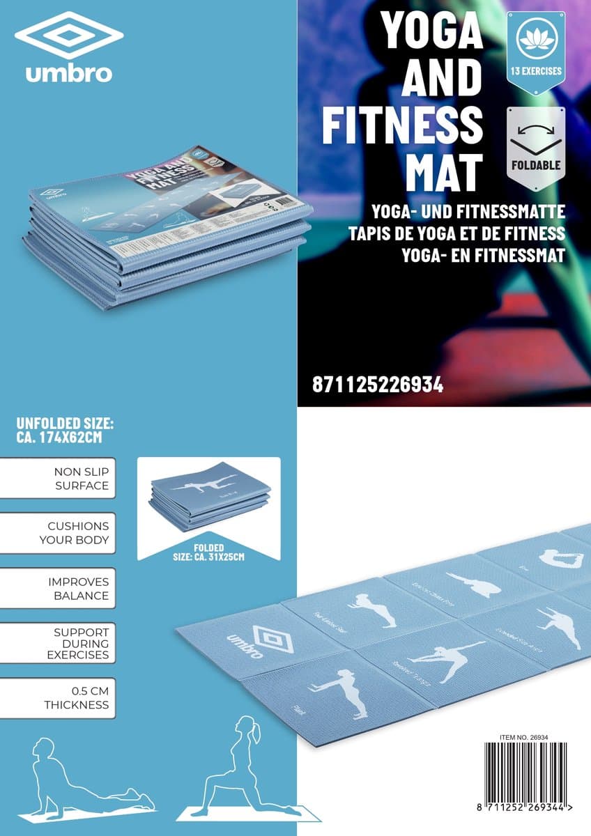 Umbro Opvouwbare Yogamat - 174 x 62 CM - Anti-Slip - 0.5 CM Dik - 13 Oefeningen in Print - Blauw thumbnail 6