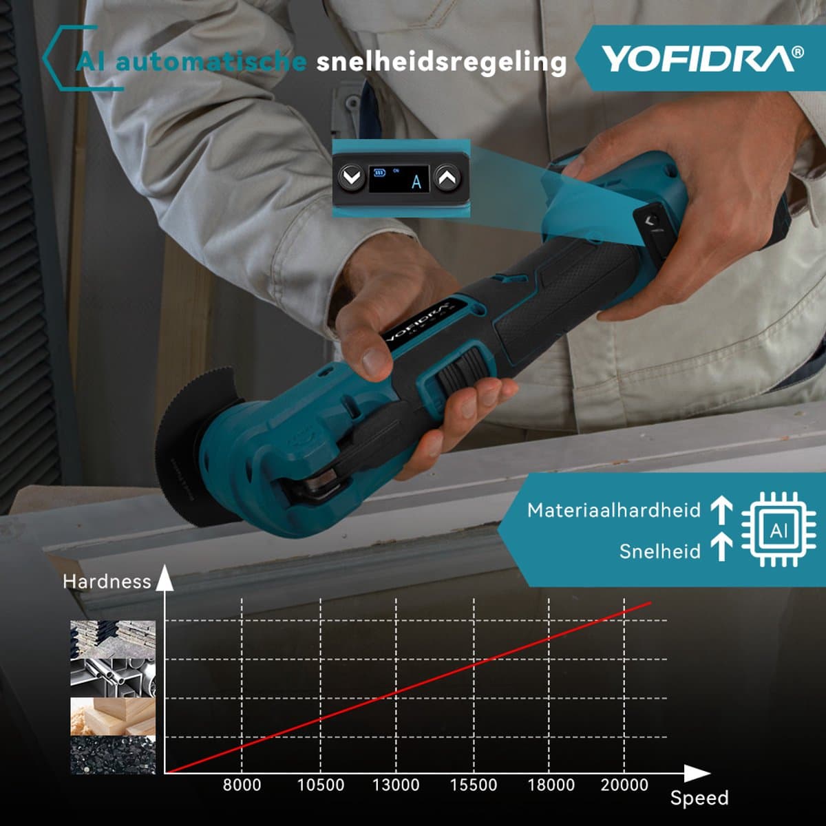 Yofidra Accu Multitool - Borstelloze Multifunctioneel - 8000–20000 tpm - met 2x Accu's & 22x Accessoires - voor verwijderen, schrapen en zagen thumbnail 7