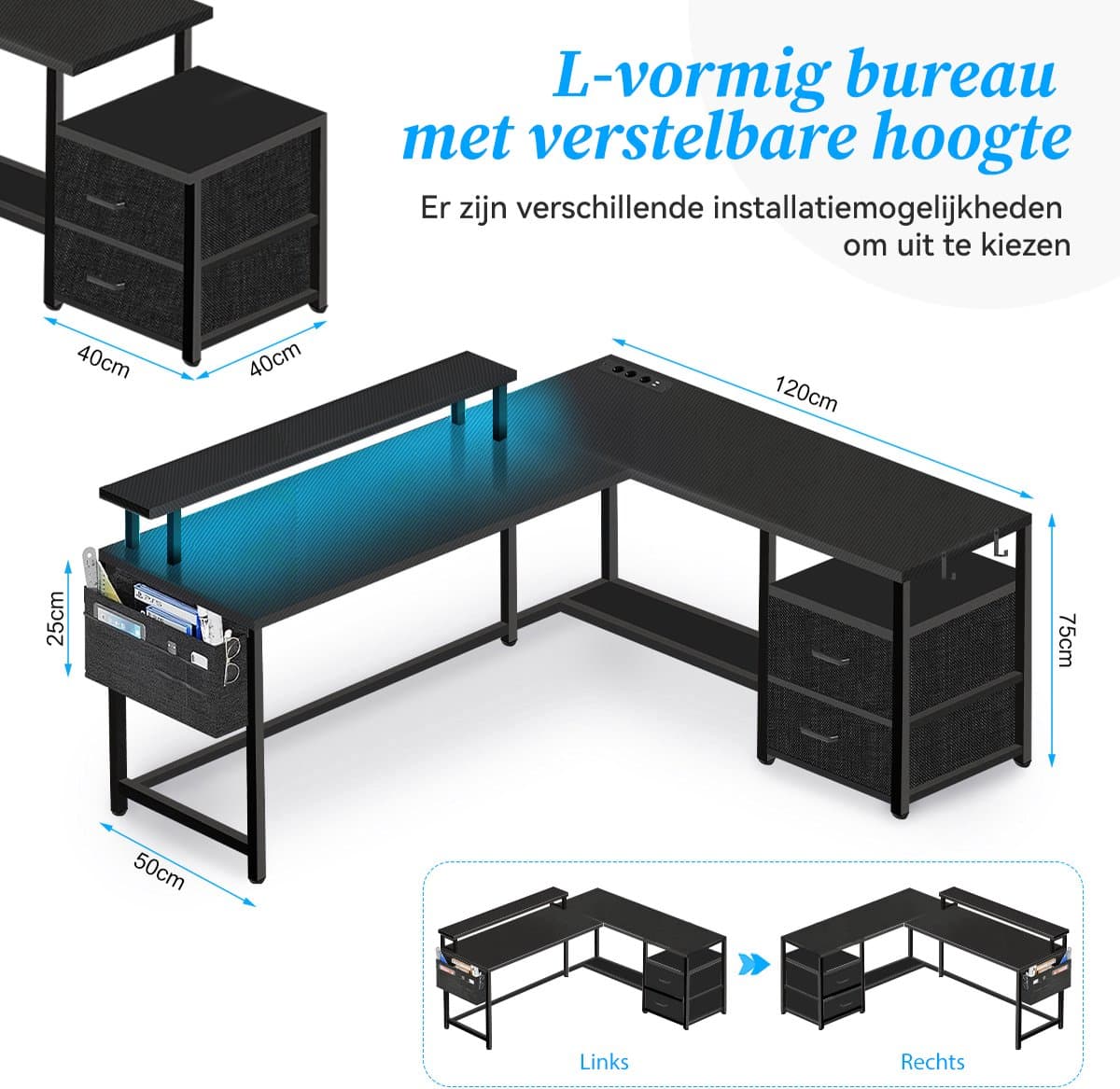 Gaming Bureau met LED Verlichting - 120x120x75cm - L-Vormig Game Bureau met Stopcontact - 2 Non Woven Lade - Gaming Desk - Computer Tafel - Gaming Tafel - Bureau voor Gamen, Studeren en Werken - Zwart thumbnail 2