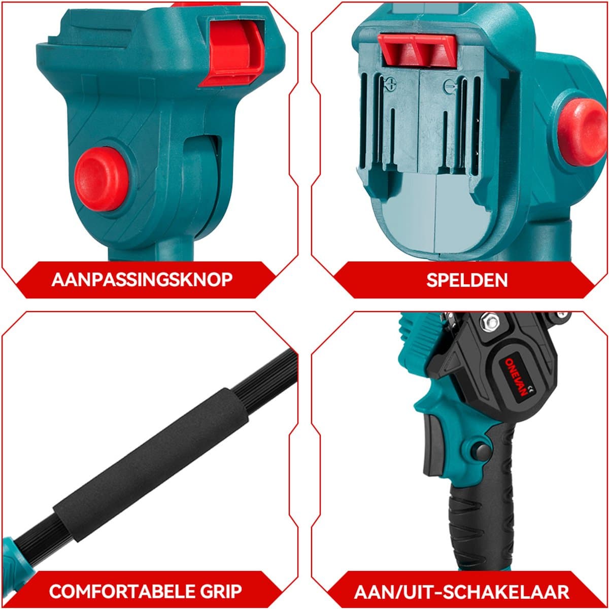 ONEVAN Accu-Hoogsnoeier - 4-in-1 Mini Kettingzaag - met 1.08 -2 m trekbare verlengstang & 2x Accu's - Elektrische Snoeischaar - Brushless Kettingzaag thumbnail 5