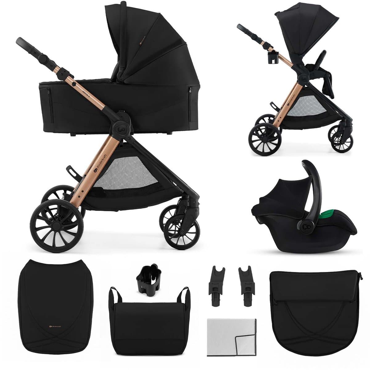 Kinderkraft VESTO 2 – 3-in-1 kinderwagen – MINK PRO 2 autostoel + adapters – Omkeerbare zitting – Reiswieg EN1466 – Zwart