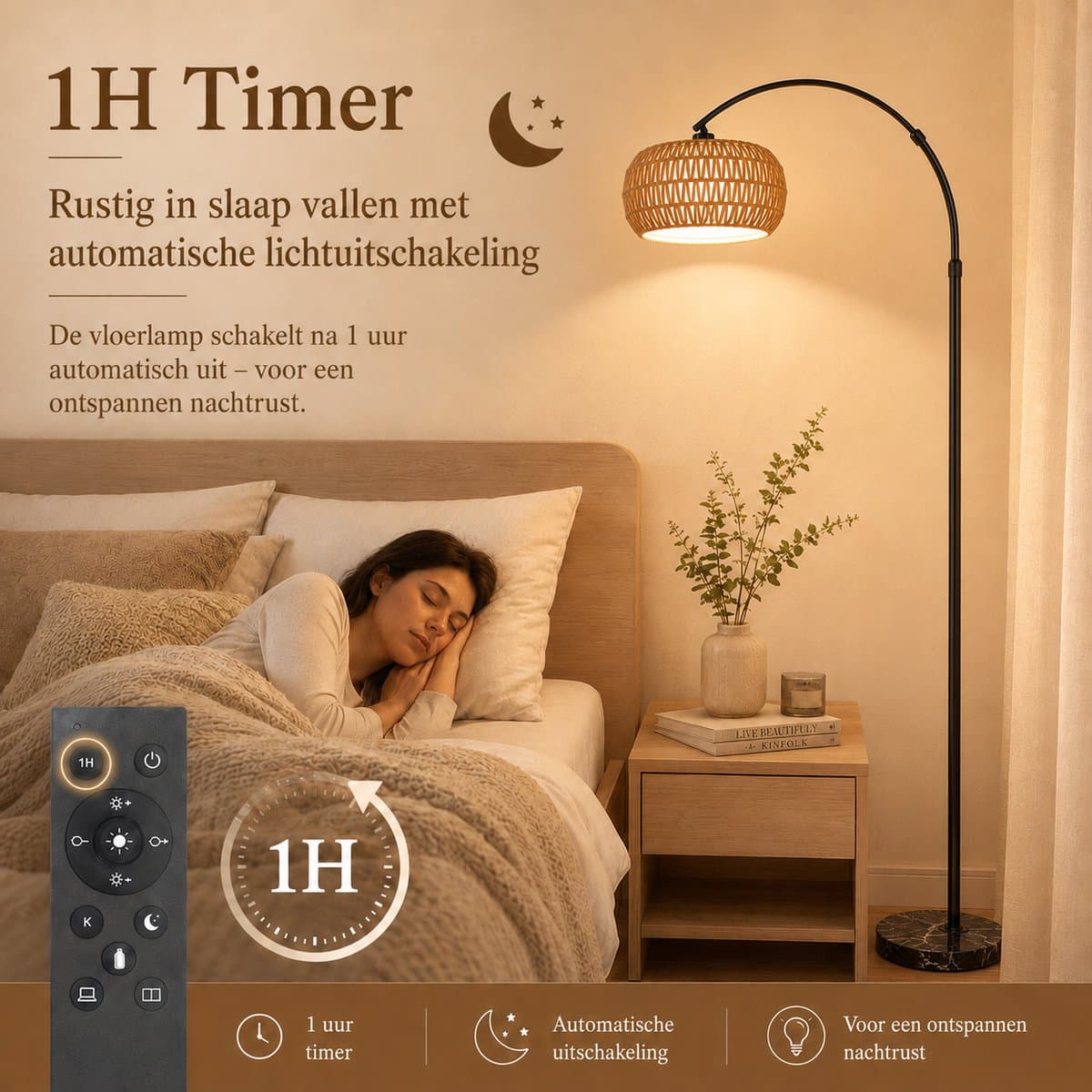 MUPOO Boho Rotan vloerlamp Booglamp 185cm-Staande Lamp Dimbaar met APP Afstandsbediening -booglamp met 360° Draaibare Arm & Hoogte Verstelbaar en Voetschakelaar -Sfeerverlichting leeslamp staand voor Woonkamer Slaapkamer Kantoor thumbnail 6