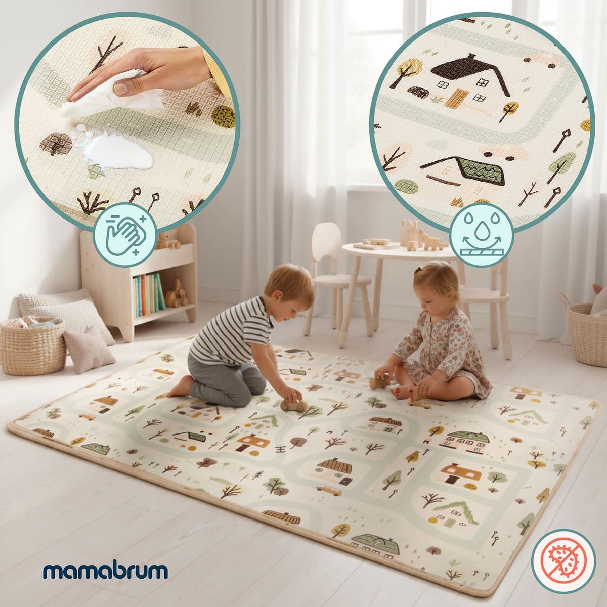 Mamabrum Dubbelzijdige Speelmat van Schuim 180x120 cm – XPE Speelkleed voor Baby’s en Kinderen – Stadje / Zandbeige thumbnail 7