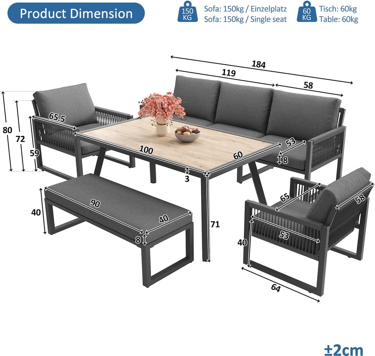 Loungeset Tuin 6-7 Personen met Eettafel - Tuinmeubelset met 3-Zits Bank, 2 Fauteuils en Bankje - Weerbestendige Lounge Dining Set voor Tuin, Terras en Balkon - Grijs thumbnail 7