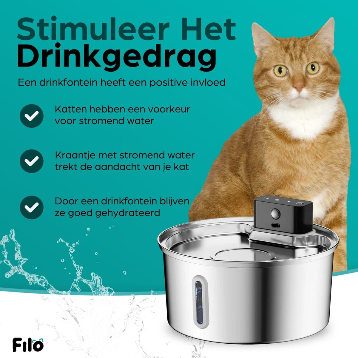 Filo RVS Drinkfontein Kat Draadloos met Sensor - Waterfontein Katten - Kattenfontein - Waterbak - Fontein Hond - Drinkfontein Honden thumbnail 6