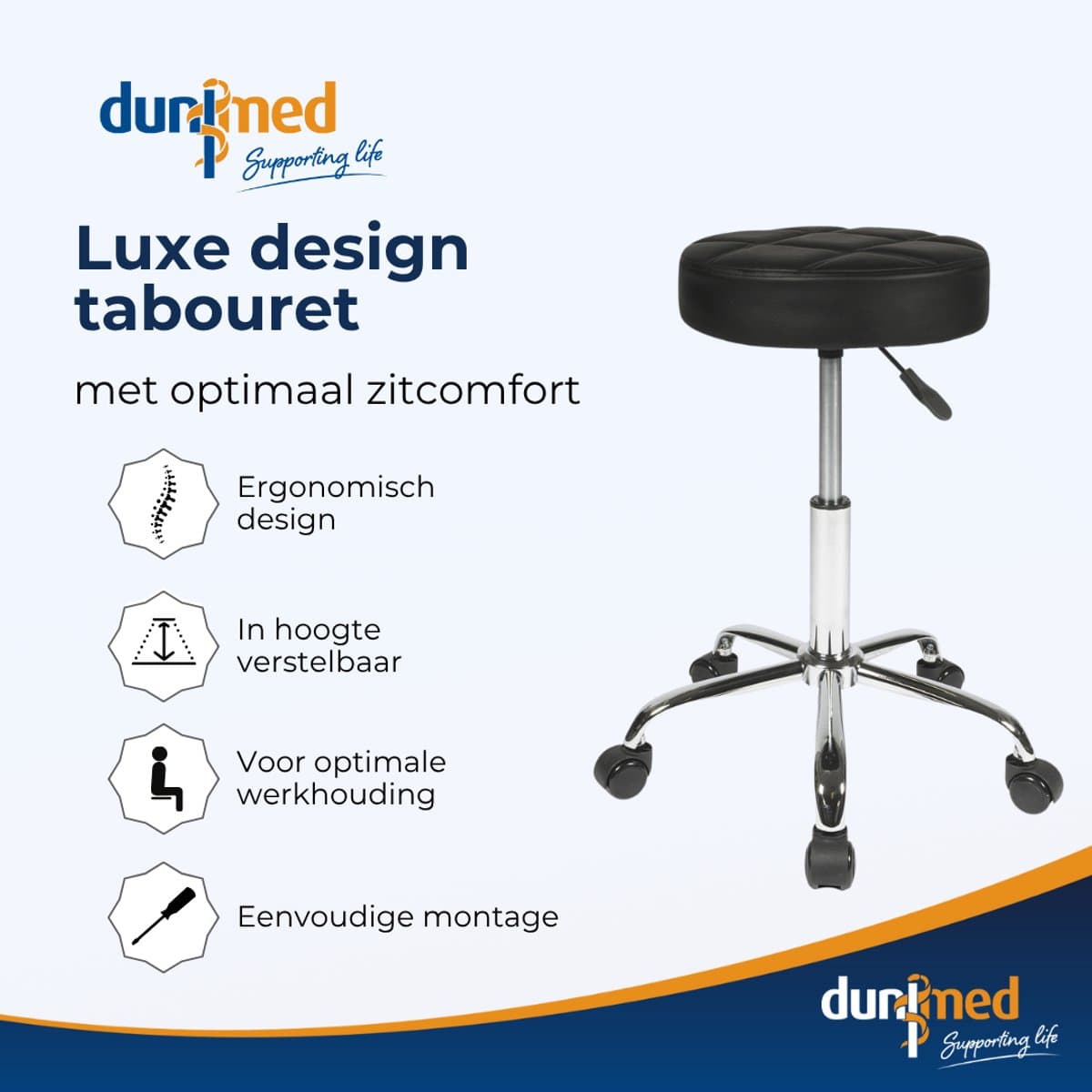 Dunimed Luxe Tabouret - Werkkruk met Wielen - Ergonomische Kruk - Kapperskruk - In Hoogte Verstelbaar - Zwart thumbnail 2