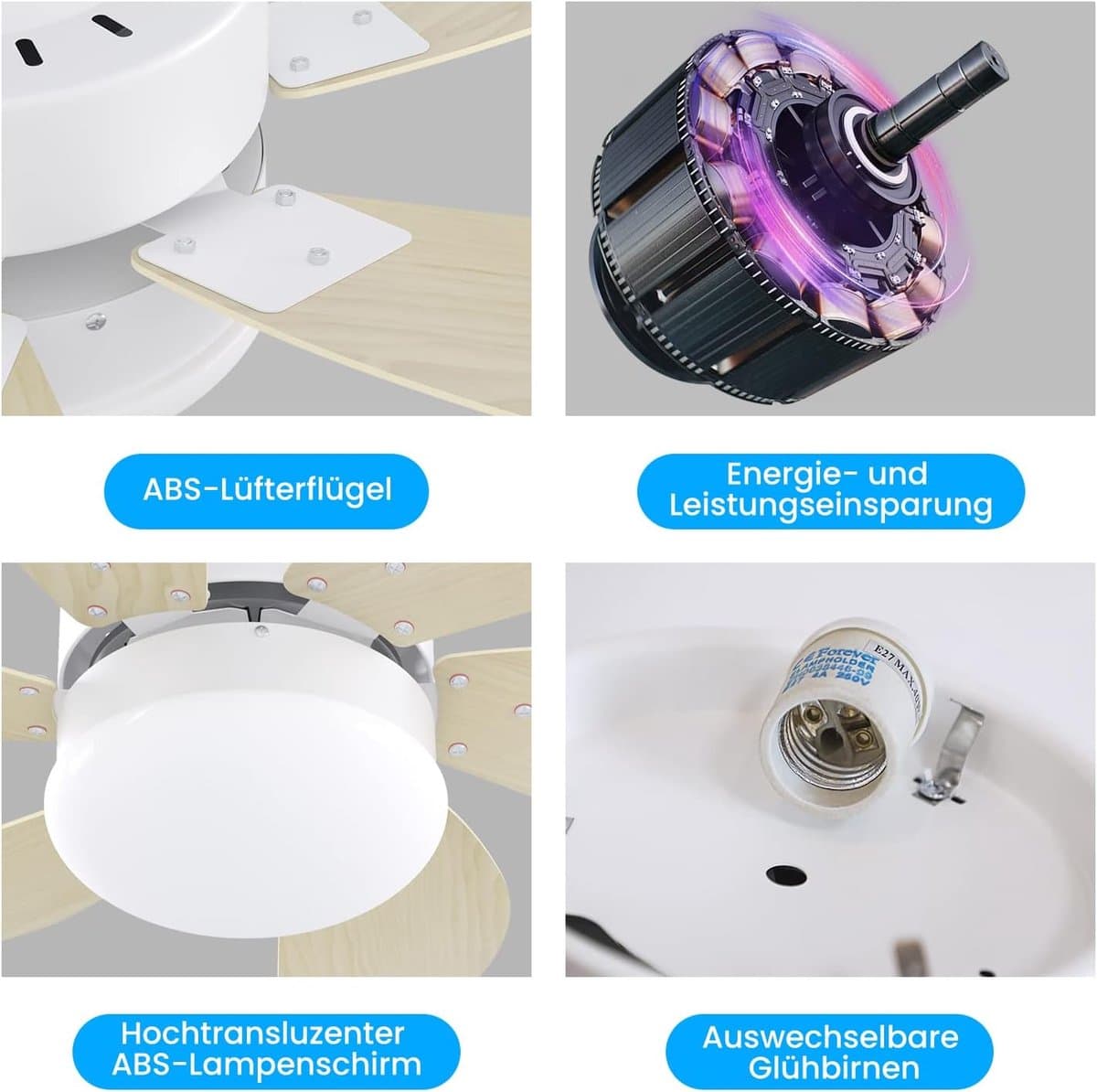 Glitzerlife - Plafond ventilator met verlichting - stille plafondventilator - stil met afstandsbediening en timer - Ø75cm - houtlook - plafondlampen met ventilator voor woonkamer en slaapkamer thumbnail 3