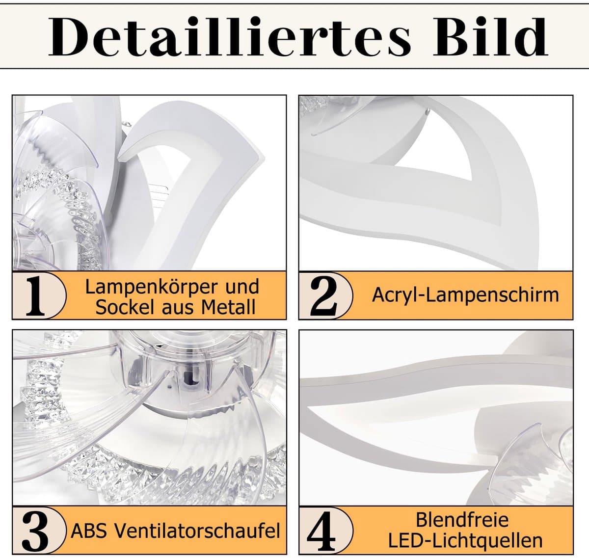 Glitzerlife - Plafond ventilator met verlichting - Dimbare LED ventilator lamp plafond - Stille plafondventilator - 3 kleurtemperaturen - 6 windsnelheden - Timer & nachtmodus - Ø62cm - Wit - Plafondlampen met ventilator woonkamer slaapkamer thumbnail 4
