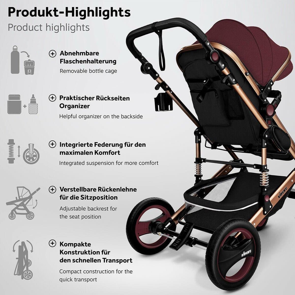 KIDUKU- 3 in 1 combi-kinderwagen- bordeaux- zwart-goud- buggy incl. autostoeltje-regenhoes- inklapbaar thumbnail 3
